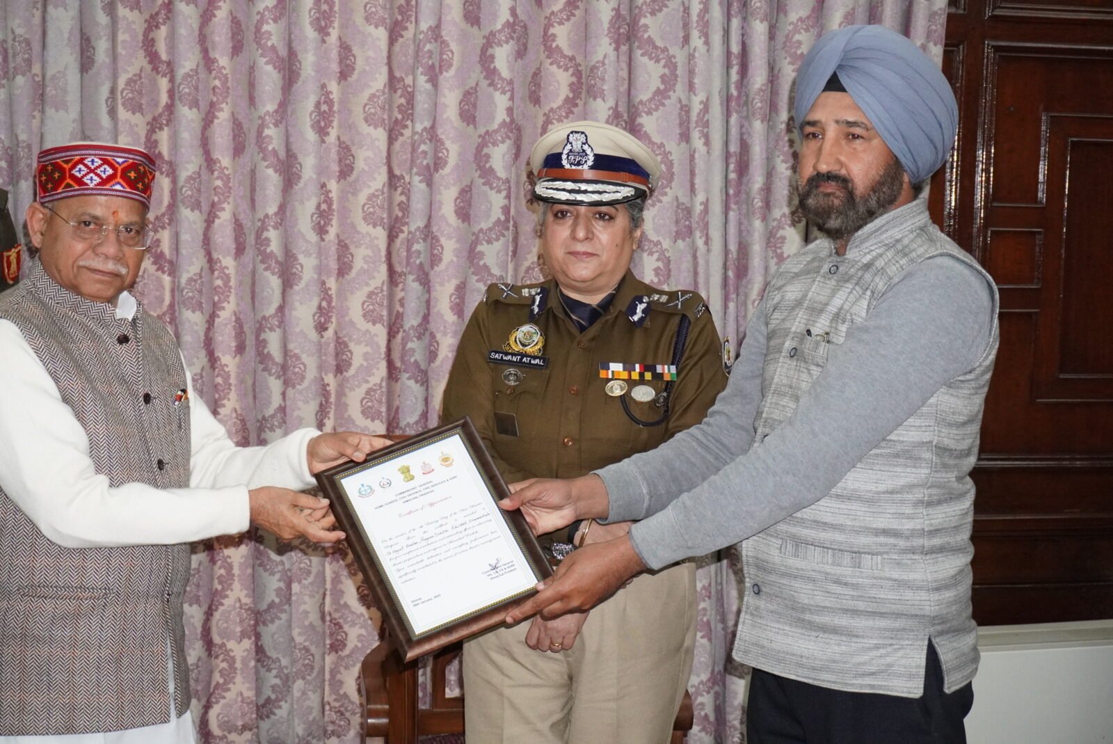 EDMRC leadership receiving Certificate of Appreciation at Raj Bhavan, Shimla — conferred by the Hon. Governor of Himachal Pradesh with Commandant General SDRF